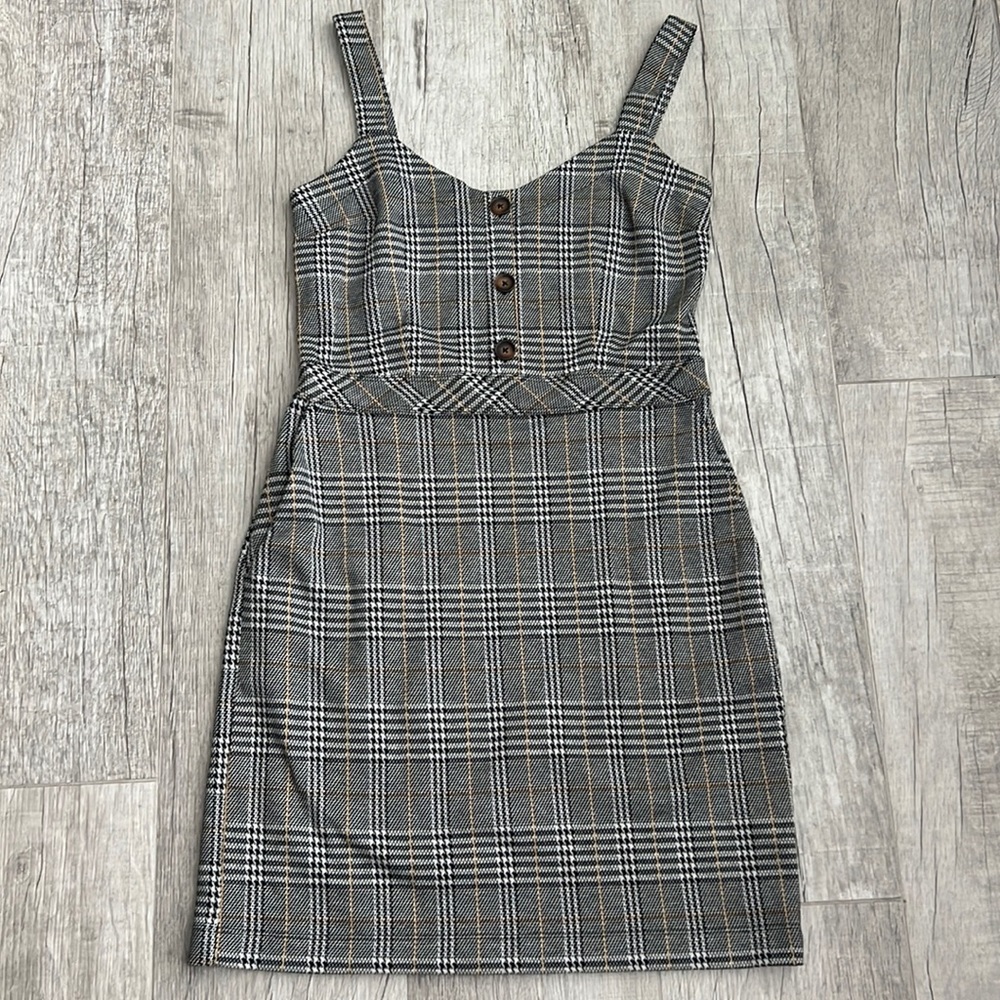 Abercrombie & Fitch Grey Plaid Mini Dress with Tan Accents
